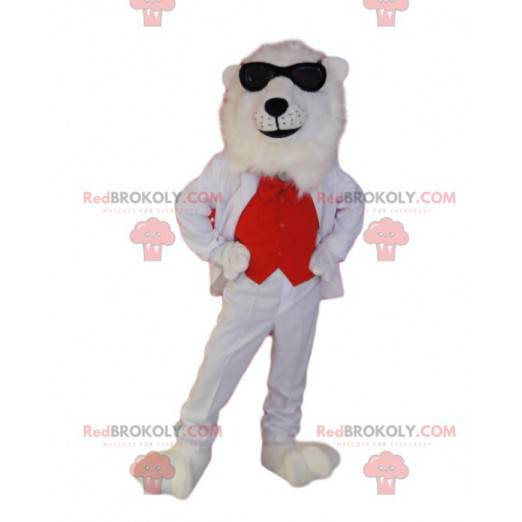 Mascotte d'ours blanc avec un costume rouge et blanc -