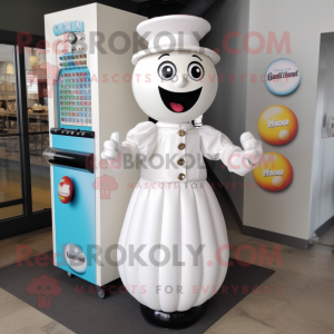 White Gumball Machine mascot costume character dressed with a Pencil Skirt and Hat pins