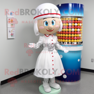 White Gumball Machine mascot costume character dressed with a Pencil Skirt and Hat pins