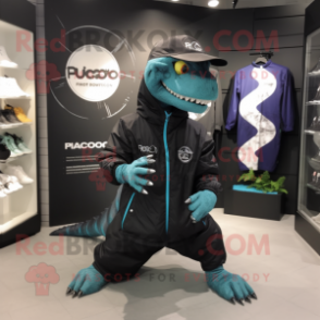 Black Iguanodon mascot costume character dressed with a Windbreaker and Ties