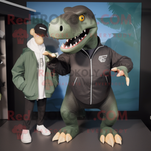 Black Iguanodon mascot costume character dressed with a Windbreaker and Ties