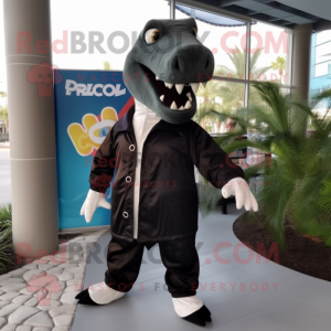 Black Iguanodon mascot costume character dressed with a Windbreaker and Ties