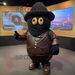 Black Potato mascot costume character dressed with a Leather Jacket and Hats