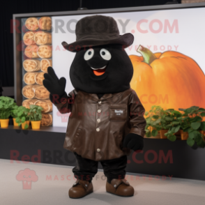 Black Potato mascot costume character dressed with a Leather Jacket and Hats