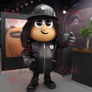 Black Potato mascot costume character dressed with a Leather Jacket and Hats