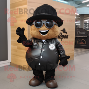 Black Potato mascot costume character dressed with a Leather Jacket and Hats