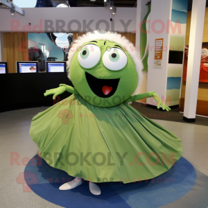 Olive Betta Fish mascot costume character dressed with a Circle Skirt and Ties