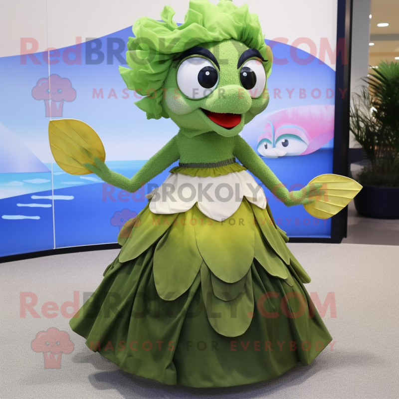 Olive Betta Fish mascot costume character dressed with a Circle Skirt and Ties