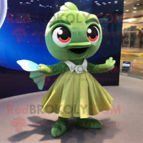 Olive Betta Fish mascot costume character dressed with a Circle Skirt and Ties