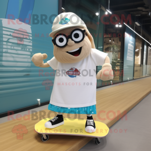 Cream Skateboard mascot costume character dressed with a Shorts and Eyeglasses