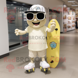 Cream Skateboard mascot costume character dressed with a Shorts and Eyeglasses