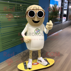 Cream Skateboard mascot costume character dressed with a Shorts and Eyeglasses