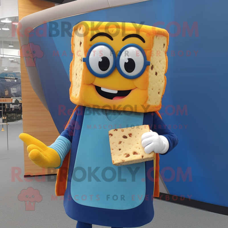 Blue Grilled Cheese Sandwich mascot costume character dressed with a Vest and Eyeglasses Blue Grilled Cheese Sandwich mascot costume character dressed with a Vest and Eyeglasses