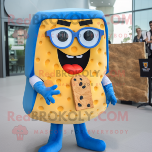 Blue Grilled Cheese Sandwich mascot costume character dressed with a Vest and Eyeglasses