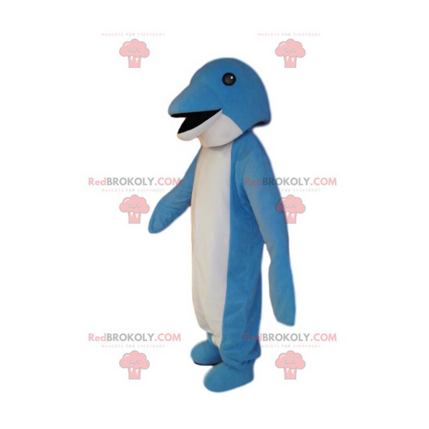 Mascote golfinho azul e branco muito sorridente. Fantasia de