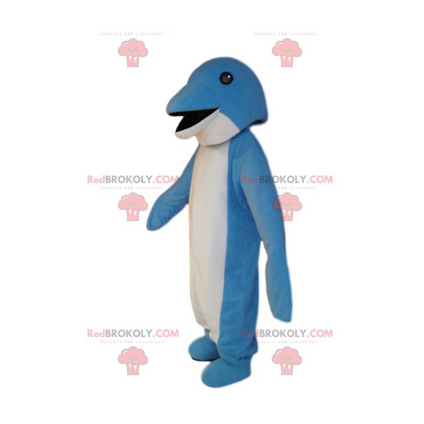 Zeer glimlachende blauw-witte dolfijnmascotte. Dolfijn kostuum Zeer glimlachende blauw-witte dolfijnmascotte. Dolfijn kostuum