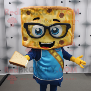Blue Grilled Cheese Sandwich mascot costume character dressed with a Vest and Eyeglasses