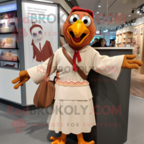 Tan Tandoori Chicken mascot costume character dressed with a Cardigan and Handbags