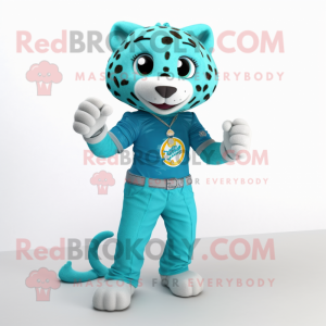 Turquoise Leopard mascot costume character dressed with a Jeans and Bracelet watches