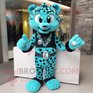 Turquoise Leopard mascot costume character dressed with a Jeans and Bracelet watches