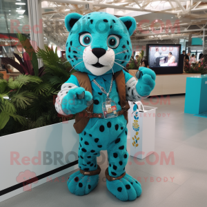 Turquoise Leopard mascot costume character dressed with a Jeans and Bracelet watches