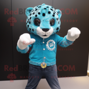 Turquoise Leopard mascot costume character dressed with a Jeans and Bracelet watches