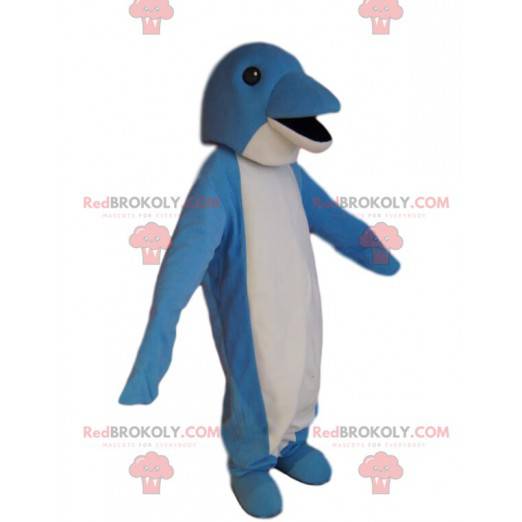 Zeer glimlachende blauw-witte dolfijnmascotte. Dolfijn kostuum