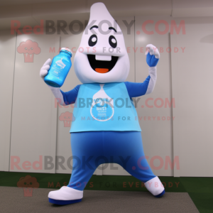 Sky Blue Bottle Of Milk mascot costume character dressed with a Yoga Pants and Digital watches