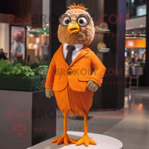 Orange Quail mascot costume character dressed with a Suit and Hairpins