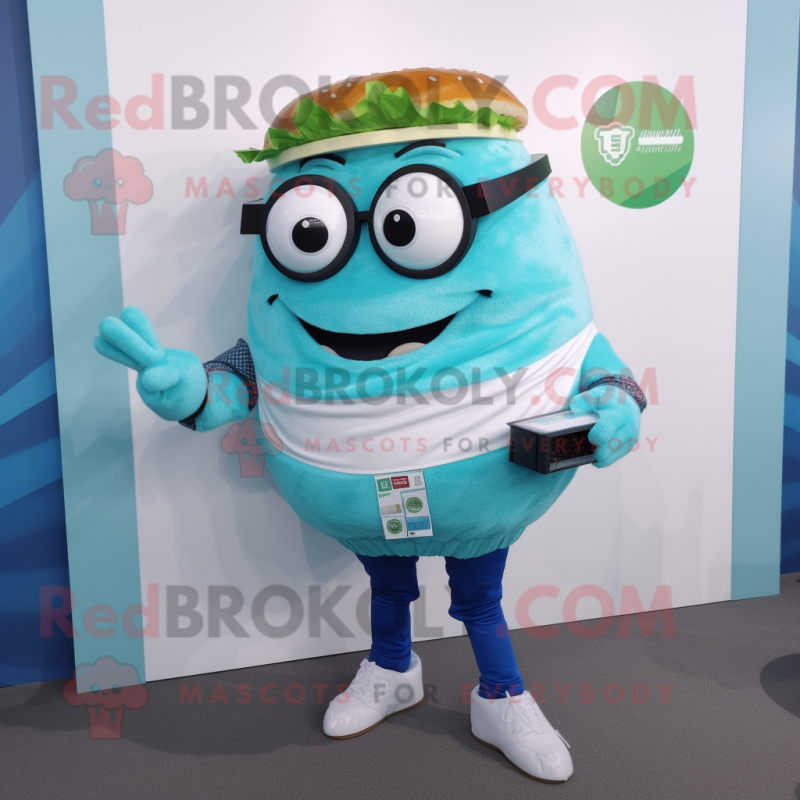 Cyan Pulled Pork Sandwich mascot costume character dressed with a Sweater and Digital watches Cyan Pulled Pork Sandwich mascot costume character dressed with a Sweater and Digital watches