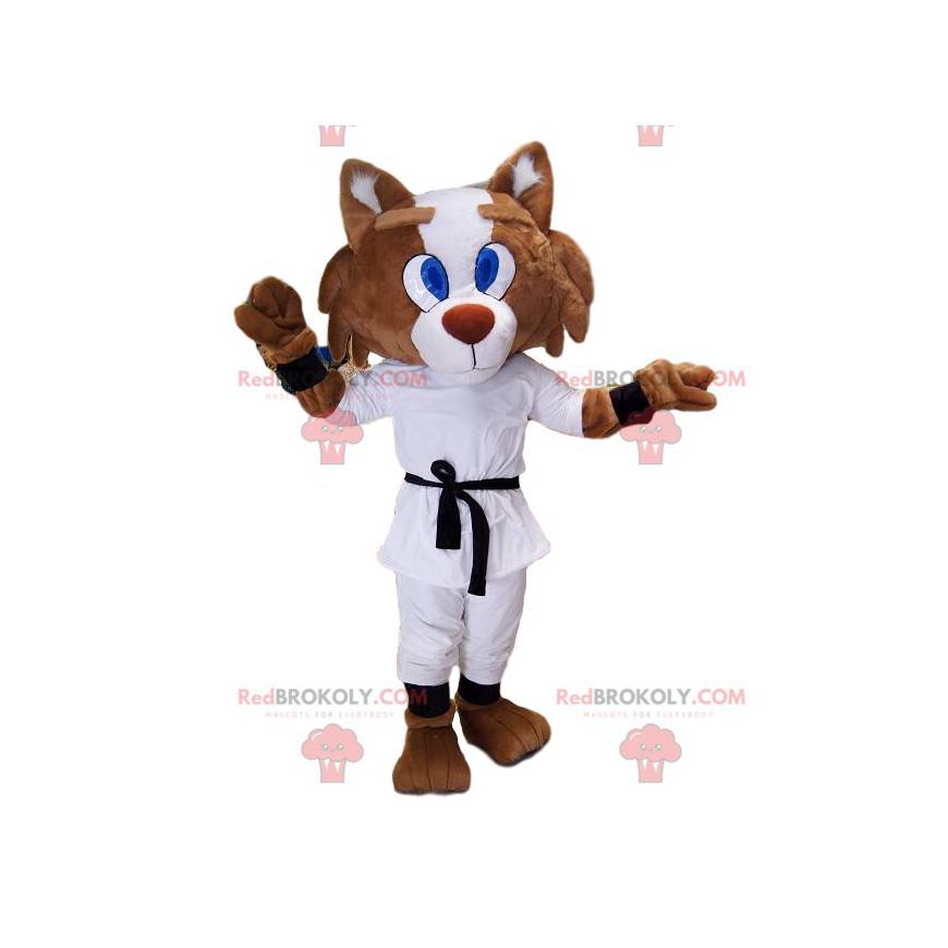 Mascota de Fox en traje de karate y cinturón negro. -