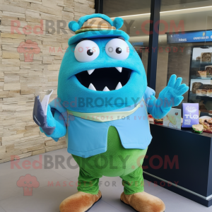 Cyan Pulled Pork Sandwich mascot costume character dressed with a Sweater and Digital watches