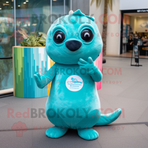 Turquoise Seal mascot costume character dressed with a Mini Dress and Headbands