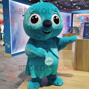 Turquoise Seal mascot costume character dressed with a Mini Dress and Headbands