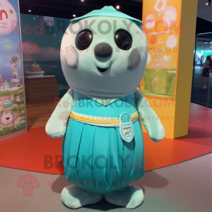 Turquoise Seal mascot costume character dressed with a Mini Dress and Headbands