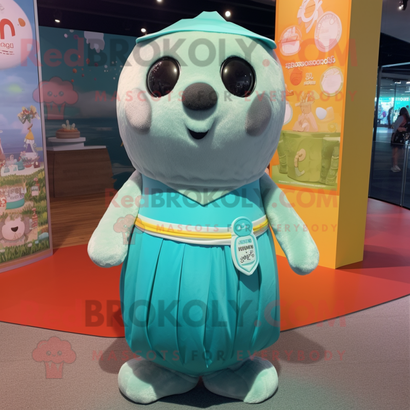 Turquoise Seal mascot costume character dressed with a Mini Dress and Headbands Turquoise Seal mascot costume character dressed with a Mini Dress and Headbands