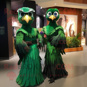 Forest Green Hawk mascot costume character dressed with a Evening Gown and Brooches