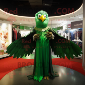 Forest Green Hawk mascot costume character dressed with a Evening Gown and Brooches