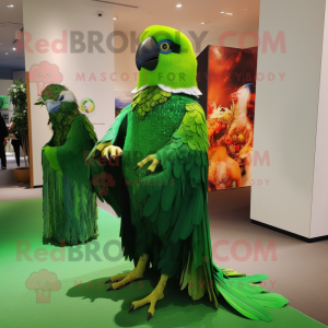 Forest Green Hawk mascot costume character dressed with a Evening Gown and Brooches