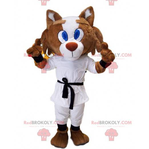 Maskot Fox v karate oblečení a černém pásu. - Redbrokoly.com