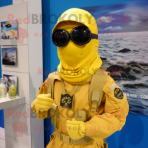 Yellow Marine Recon mascot costume character dressed with a Swimwear and Scarf clips