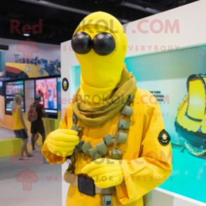 Yellow Marine Recon mascot costume character dressed with a Swimwear and Scarf clips