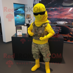 Yellow Marine Recon mascot costume character dressed with a Swimwear and Scarf clips