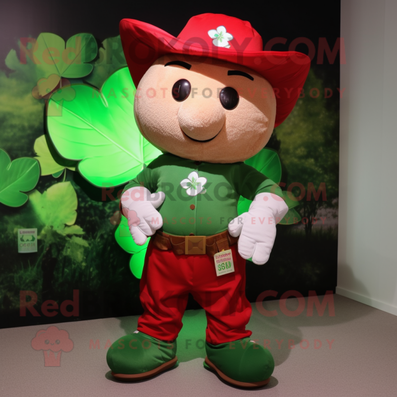 Red Four Leaf Clover mascot costume character dressed with a Cargo Shorts and Wraps Red Four Leaf Clover mascot costume character dressed with a Cargo Shorts and Wraps