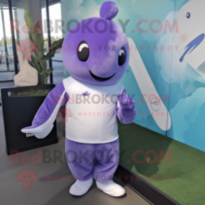 Lavender Narwhal mascot costume character dressed with a Joggers and Gloves