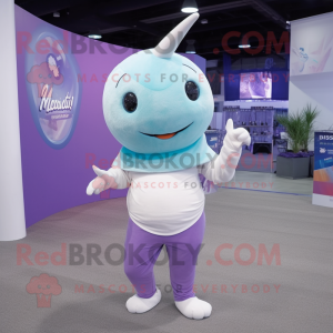 Lavender Narwhal mascot costume character dressed with a Joggers and Gloves