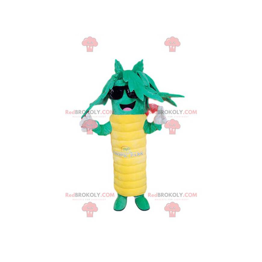 Super feliz mascote de palmeira verde e amarela. Fantasia de