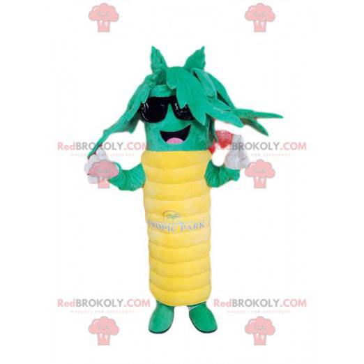 Mascota de palmera verde y amarilla súper feliz. Disfraz de