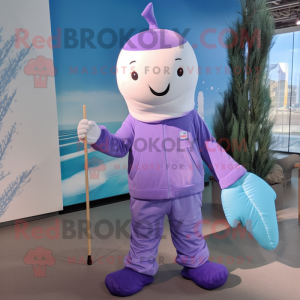 Lavender Narwhal mascot costume character dressed with a Joggers and Gloves