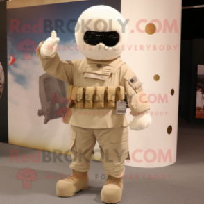 Cream Air Force Soldier mascot costume character dressed with a Cardigan and Cummerbunds